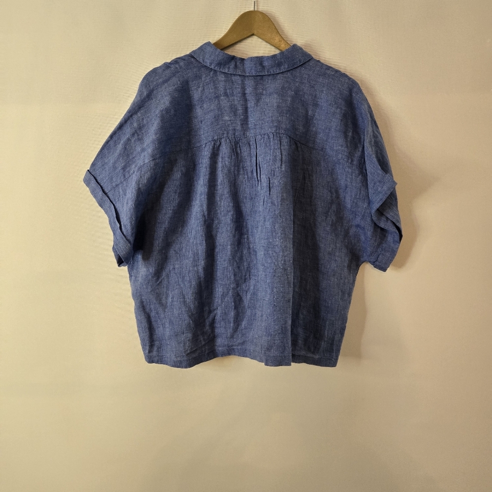 CHICO'S 100% Linen Sz 1.5 NWT Blue Floral Crop S/Sl Women's Button Front Blouse - Picture 8 of 9